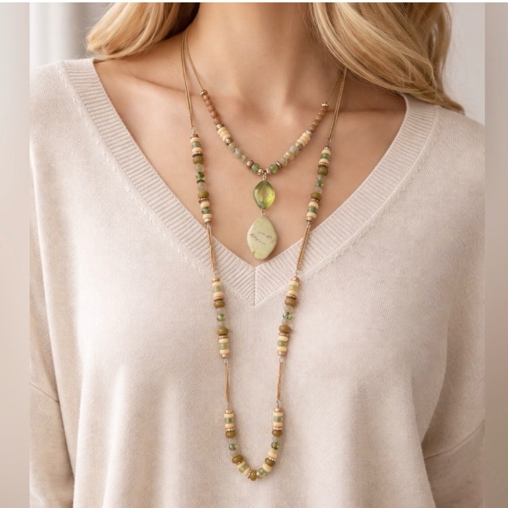 Chico’s Layered Green Pendant Necklace  (BR333/2)